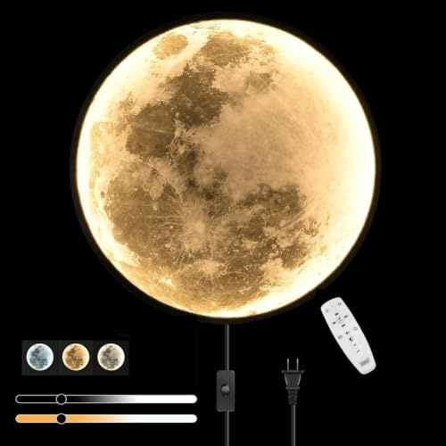 LOGT LED Mond Wandleuchte Kinderzimmer Fernbedienung Dimmbar Innen Wandlampe Schalter und Kabel Stecker Mondlampe Wand Runde Art Deco Moon Wandleuchten Mondsiche Deckenleuchten Acryl Metall,30CM