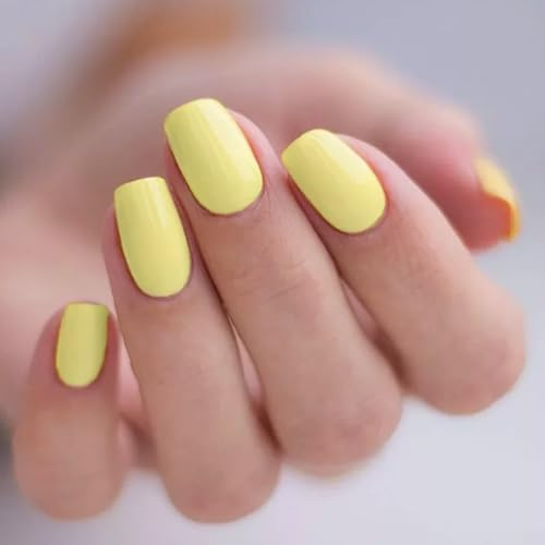 Press On Nails - Short Square False Nails With Glue - Yellow Coffin Fake Nails - Glossy Reusable Nail Tips - Acrylic Stick On nails For Women Girls Daily Wear Nail Art Diy Gift Accessories