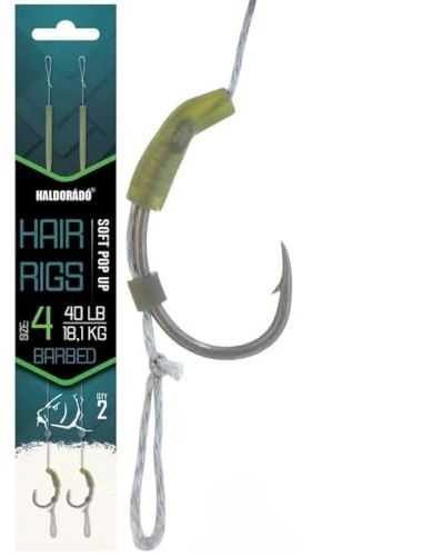 Haldorado Hair Rigs, Size 4 Barbed Hooks, Soft Pop Up, 22cm Length, 18.1kg/40lb, 2-Qty