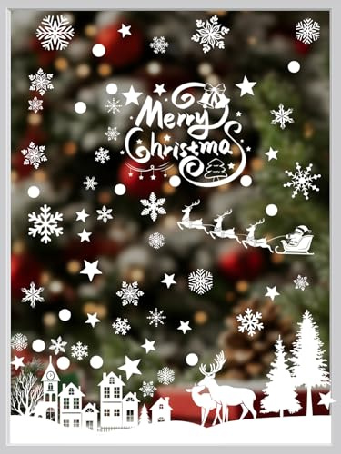 216 Weihnachtsdekoration Fenster statische Aufkleber, Weihnachtsfensteraufkleber mit Schneeflocken und Rentieren, wiederverwendbare PVC-Fensteraufkleber für Winter Weihnachtsfensterdekoration