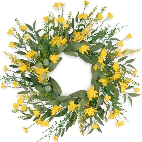Künstlicher Türkranz, Frühlings- und Sommerkränze für Haustür mit Dasisy, 46 cm, Eukalyptus, Haustürkranz für Bauernhaus, Fenster, Wand, Kamin, innen und außen