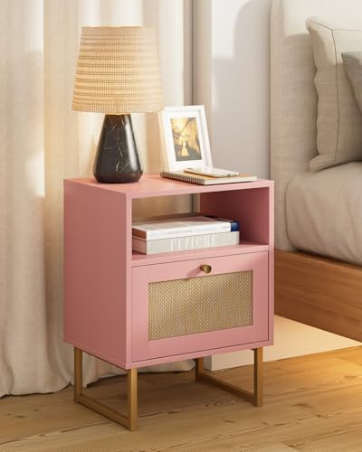 HEYZOEY Boho Nachttisch, Kleiner Rattan Beistelltisch Mit Schublade und Eichenregal für Schlafzimmer, Wohnzimmer, Büro (Rose Rattan)