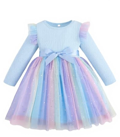 Mädchen Tüllstickerei Regenbogen Kleid mit Gürtel für Kinder 1-8 Jahre | Doppel-Tüll, Blumenstickerei, Regenbogenfarben, verstellbarer abnehmbarer Gürtel, mehrere Altersklassen, alltagstauglich