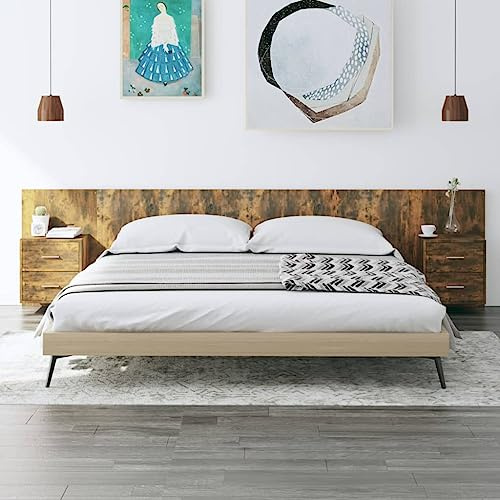 Hoopleep Kopfteil mit Nachttischen, Räuchereiche Holzwerkstoff, 200x1,5x80 cm, für Queen- & King-Size Betten, Wandmontage, Robustes Bett Kopfteil mit Stauraum