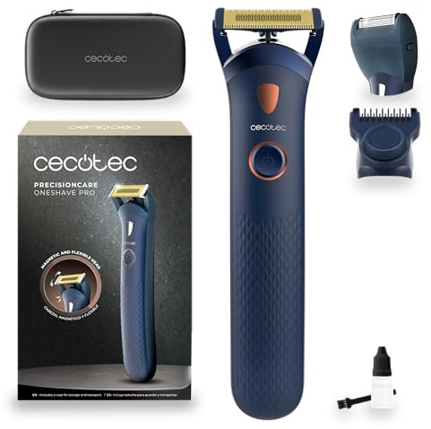 Cecotec Barttrimmer PrecisionCare OneShave Pro. Titan-Klingen, Flex-Kopf Mit Magnet-System, LED-Licht, IPX7, Verstellkamm 0,5–8 mm + Folienkopf, Gummi-Griff, Etui Für Präzises Trimmen Und Rasieren
