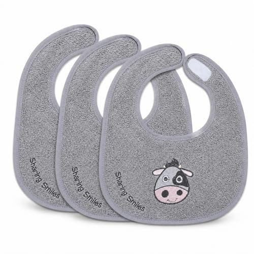 Minky Mooh® - Lätzchen Baby mit Klettverschluss Bio-Baumwolle (Öko-Tex100) | Graues Frottee Babylätzchen & Baby-Latz (20 x 25cm) zum Essen extra saugstark, weich & wasserabweisend