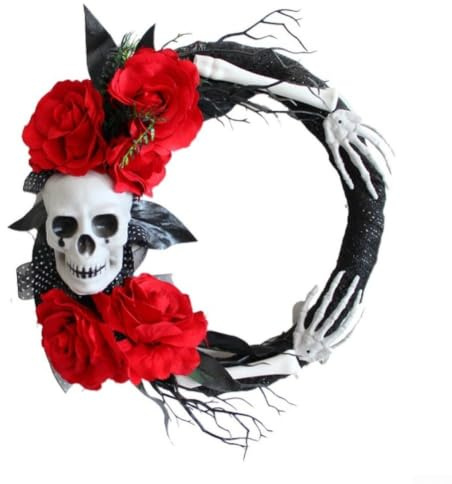 Crabop Couronne Halloween Squelette Fleuri pour déco Porte Effrayante 40cm | Couronne Halloween Squelette et Fleurs Rouges 40cm Décoration Effrayante pour Porte et pour fête d\'Halloween