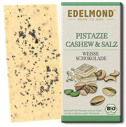 Feinkost Weiße Bio Nuss-Schokolade mit Pistazie & Hawaii-Salz – Handgemacht ohne Lecithin & künstliche Aromen – Glutenfrei & Fair-Trade Chocolate – Edelmond (1 Tafel)