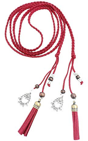 Exotische Damen Mädchen Gürtel Bauchkette mit Quaste und Holzperlen 150cm Lang Geflochtene Waist Belt Rot