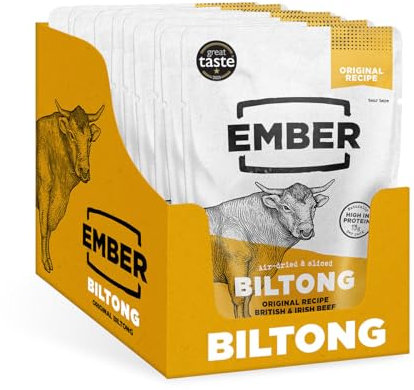 Ember Snacks - Biltong Beef Jerky (25g x 10 Original) Proteinreich, kalorienarm. Fettarmer, Snack für unterwegs - hergestellt aus britischem und irischem Rindfleisch - Verpackung kann variieren