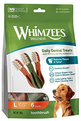 WHIMZEES By Wellness Zahnbürste, Kaustangen für große Hunde, Hundesnack zur Zahnpflege, Größe L, 6 Stück, ohne Zuckerzusatz, getreidefrei, natürlich, fettarm