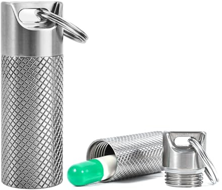 TISKY Mini-Pillendose, tragbar, Titan, wasserdicht, Schlüsselanhänger, Pillenhalter mit extra Halskette, kleine Pillendose, Pillendose für Outdoor-Reisen, Geldbörse, 2 Stück
