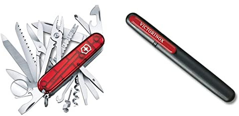 Victorinox, Taschenmesser, Swiss Champ, 91 mm, rot transparent (33 Funktionen, Klinge, Korkenzieher, Mini-Schraubendreher 1.5 mm, Klinge) & Dual-Messerschärfer, schwarz