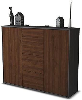 Stil.Zeit Highboard Kommode Prospera, Korpus anthrazit matt, Front Holz-Design Walnuss (136x108x35cm), Push-to-Open Technik & Leichtlaufschienen