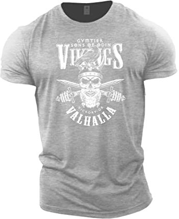 GYMTIER Vikings Victory Or Valhalla Viking Fitness T Shirt für Herren, Bodybuilding, Gewichtheben, Strongman Trainingsoberteil, aktive Kleidung, Sport, Grau, Größe XL
