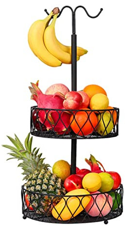 2 Stöckig Obstkorb Mit Bananenhalter, Obstschale Gemüsekorb Aus Metall, Zeitgemäße Obstschale Gemüsekorb Stehend Täglicher Küche Lagerung Früchtekorb (Schwarz)