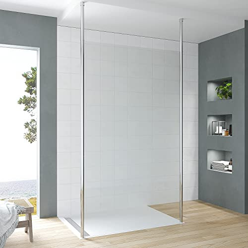 Walk-in Dusche Freistehend 90x200 cm Begehbare Duschabtrennung Duschwand Glas Duschtrennwand Echtglas ESG 8 mm Nanobeschichtung inkl. Haltestange Decke OHNE Wandprofil OHNE Duschwanne