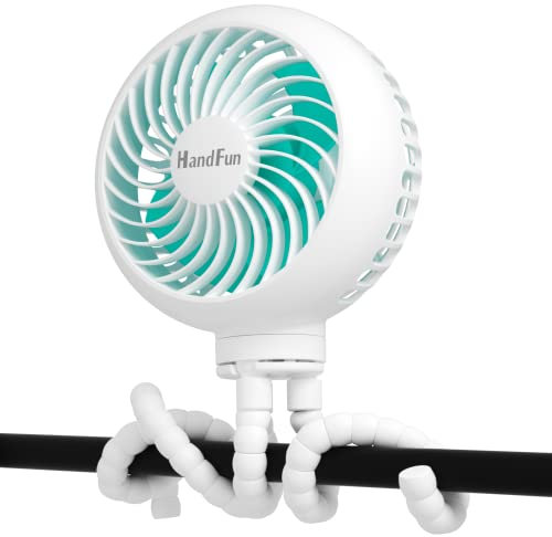 HandFun USB Handheld Stroller Fan, 4000mAh 3 Speed Portable Rechargeable Clip on Stroller Fan for Baby and Rotatable Handheld Personal Fan for Car Seat Crib Bike Treadmill