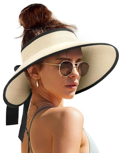 Camptrace Sun Visors for Women Wide Brim Beach Hat Foldable Straw Visor Hat Ponytail Summer Packable UPF 50+, Beige, One Size