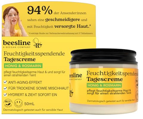 BEESLINE Hydrating Day Cream - Honey & Rosemary, Tagespflege, bietet der Haut antioxidativen Schutz, spendet Feuchtigkeit, Hydro Gesichtscreme für feuchtigkeitsarme, trockene Haut/Mischhaut, beegan