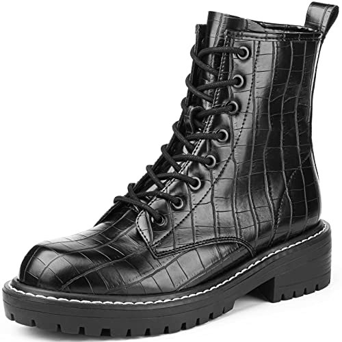 ICHIGO Damen-Stiefeletten, modisch, lässig, 8 Augen, seitlicher Reißverschluss, zum Schnüren, Schwarz / Kroko-Design, 36 EU