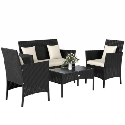 Outsunny 4-teiliges Rattan-Gartenset mit 2 Stühlen, 2-Sitzer-Gartensessel und niedrigem Couchtisch, Schwarz und Creme