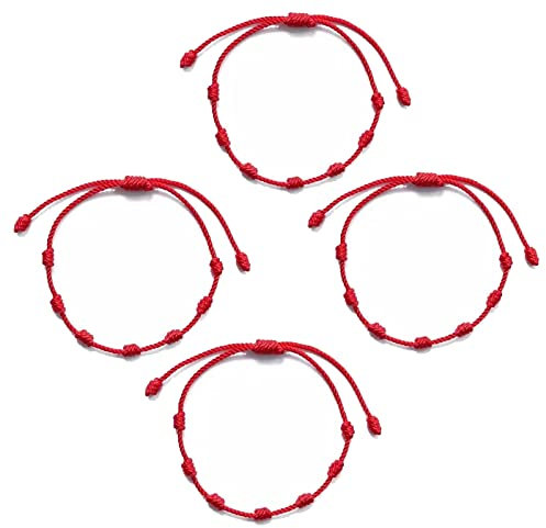 4Pcs Bracciale 7 Nodi e bracciale filo rosso del Destino - Bracciale Kabbalah di corda per Sorte, Amicità e Amuleto - Regolabile - Protezione di Male di Occhio, per Coppia Amore Uomo e Donna