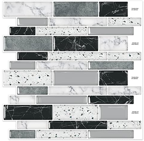 DEWOO Lot de 20 feuilles autocollantes repositionnables pour crédence, carrelage mural adhésif effet marbre 3D pour cuisine et salle de bain, noir (30,5 x 30,5 cm)
