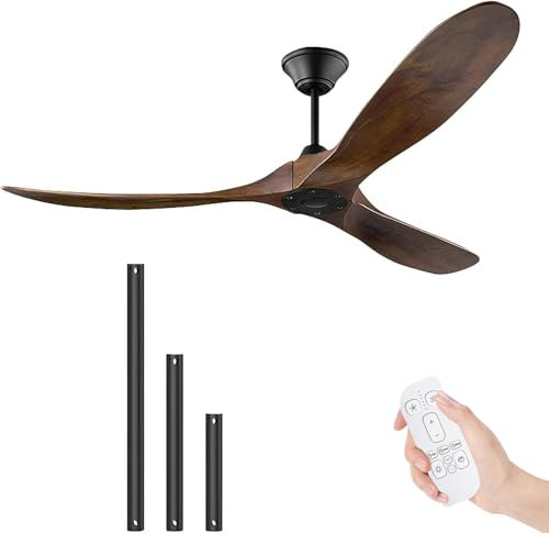 Ventilador de techo de 132 cm con mando a distancia, ventilador de techo exterior de 3 aspas con hélice de madera sin luz para patios, motor de CC, temporización de 1-8 h, Negro + Nogal