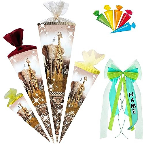 alles-meine.de GmbH Schultüte - Safari/Zoo & Dschungel Tiere 35-85 cm Größe wählbar inkl. Name + Bänder Schleife + 5 kleine Zuckertüten - Zuckertüte - Tüllabschluß/Fi..