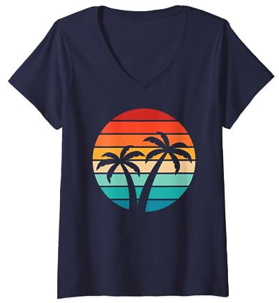 Damen Retro Sonnenuntergang Palme T-Shirt mit V-Ausschnitt