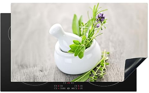 KitchenYeah© Herdabdeckplatte Einteilig Abdeckplatten Cerankochfeld Abdeckung Ceranfeld Herdplattenabdeckung Induktionsmatte Kräuter - Grün - Weiß - Gefäß - 90x52 cm
