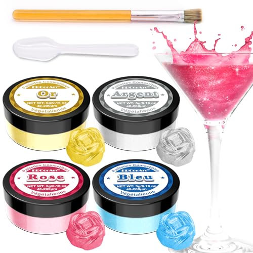 Paillettes Comestibles - Colorant Alimentaire Poudre 4 Couleurs, Paillette Alimentaire pour Decoration Gateau, Cocktail, Vodka, Fondant, Comestible, Sans Odeur, Végétalien, Sans Gluten - 5 g