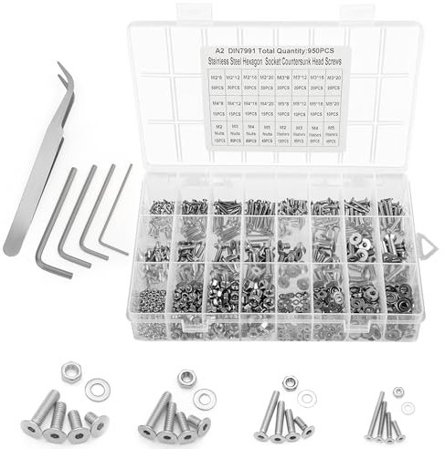 Belle Vous Kit 950 Pièces Vis à Tête Fraisée avec Douille Hexagonale - Assortiment Vis à Tête Plate en Acier Inoxydable Vis M2, M3, M4 et M5 Boîte de Rangement - Boulons, Écrous et Rondelles