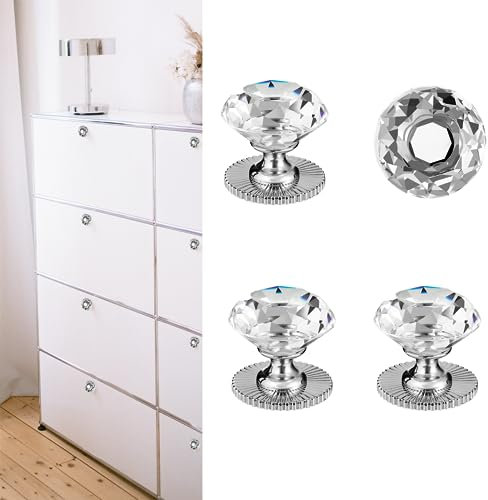 Elistonie Crystal Self Adhesive Knobs for Mirror Cabinet, Dresser Drawer, Cupboard - 40mm Diamond Shaped Glass Knobs (4pcs, Clear and Silver)