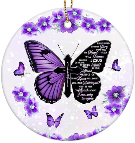 365RUSTIC Lila Schmetterling Ornament für Weihnachtsbaum, Jesus Glaube Kreuz Ornament, Bibelvers Dekorationen, christliche Geschenke für Frauen, 2-seitig bedruckte Keramik-Ornament