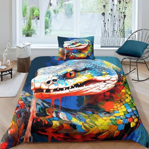 Colorful Viper Bettwäsche 3D Colored Animals Bettbezug Set Bettbezüge Mikrofaser Reißverschluss Und Kissenbezug Geeignet Für Männer Und Frauen Single(135x200cm)