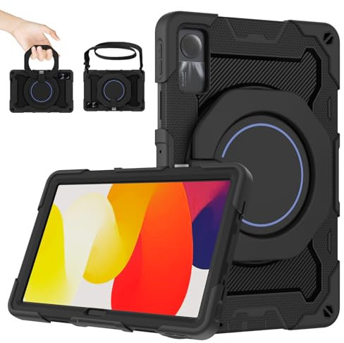 ROISKIN Hülle für Xiaomi Redmi Pad SE 2023 11 Zoll: Stoßfeste Robst Panzerhülle für Redmi Pad SE Hülle mit Stifthalter & 360° Drehbarer Ständer & Schultergurt,Schwarz