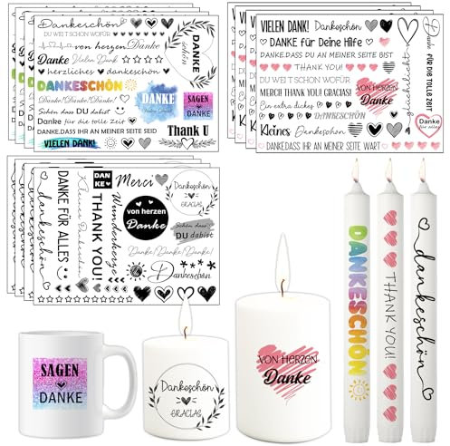 12 PCS Kerzentattoos Kerzen tattoo Wasserschiebefolie Kerzen Kerzensticker Kerzen Tattoos Kerzen Dekorieren Kerzensprüche (Danke)