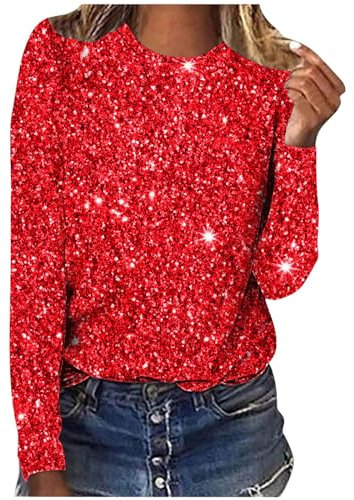 Sequin Shirts for Women Plus Size Long Sleeve Shirts Solid V Neck Blouses Womens Shimmer Pullover Glitter Top Sparkly Festival Party Shirt Shining Tees Fall Spring Casual Loose Clothing UK Size Red
