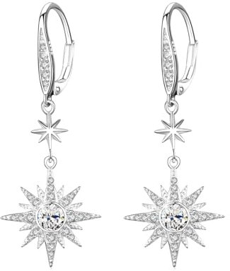 MEDWISE Stern Ohrringe Frauen 925 Sterling Silber Ohrringe mit Weiß Zirkonia Tropfen Ohrringe Achtzackiger Stern Ohrringe Stern Hänge Ohrringe Stern Schmuck für Mädchen Damen Ehefrau Freundin Mutter