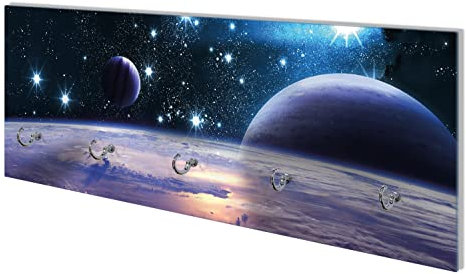 Wallario Wandgarderobe aus Glas in Größe 80 x 30 cm mit Memoboard-Funktion, Motiv: Planeten im Weltall | 5 Kleiderhaken zum Aufhängen von Jacken