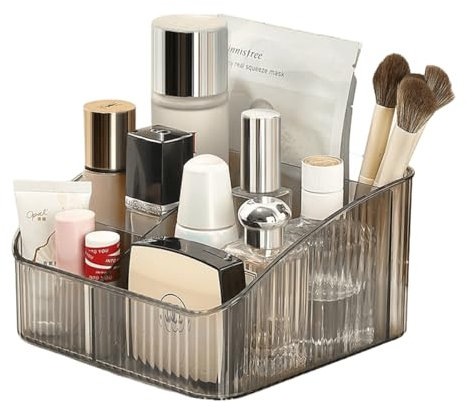 Terafeels Grey Clear Makeup Organiser Box for Vanity Makeup Brush Holder with 5 Cups Skincare Beauty Cosmetic Storage Boxes Dressing Table Storage Toiletry Organiser 6704