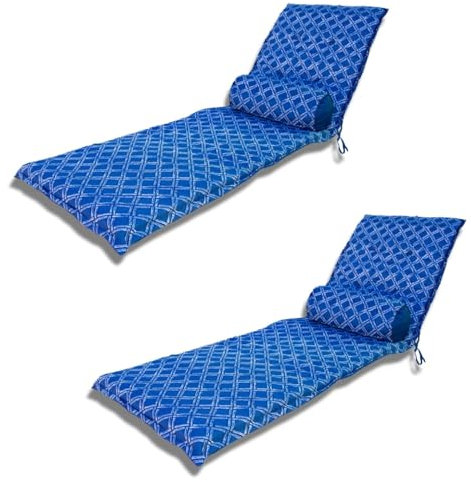 Lot de 2 Coussins pour Chaise Longue & Transat 195/60cm + 2 Traversin - AntiUV et Imperméable - Motif Nautique Bleu