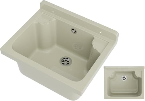 Set Lavandino + Sifone - Lavatoio da Esterno 42x 34x24 cm - Lavandino esterno per lavanderia, garage, giardino - Lavabo Resistente agli acidi e alle sostanze chimiche - Beige - Granitan | Lavabo da parete, per garage, cantina, officina e lavanderia, universale con sifone