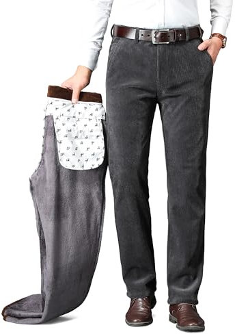 ziilay Pantaloni in velluto a coste da uomo, foderati con fodera in pile Super-Soft, grigio scuro, 32W x 32L