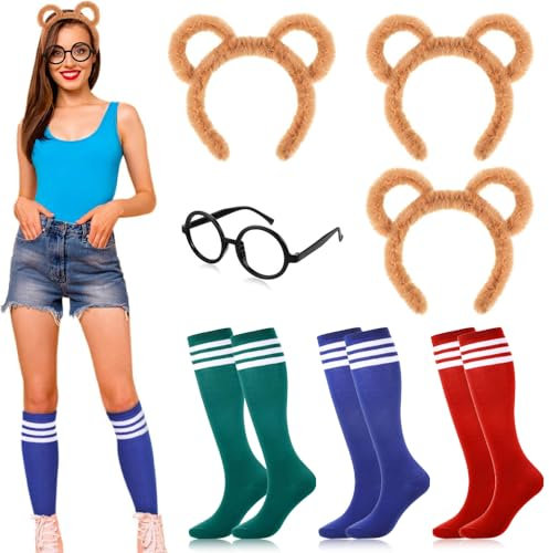 Puedno 7 Stück Streifenhörnchen Kostüme Set, 3 Paar kniehohe Socken 3 Stk Streifenhörnchen Ohren Stirnband und 1 Stk Runde Brille für Erwachsene Teenager