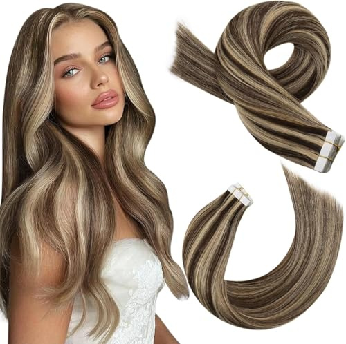 Moresoo Tape in Hair Extensions Human Hair Dark Brown Highlight 24 Inch | 20 Pcs/50G, Remy Hair, Skin Weft, For Women, Adds Volume to Fine Hair, Adds Length Instantly, Natural Looking, For Wedding