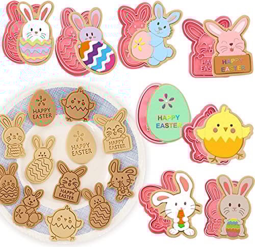 8 Pcs Easter Cookie Cutter Set, 3D Plastic Easter Eggs Bunny Stamp for Cookie Dough, Pastry, Donut, Fondant, Sugarcraft, DIY, Cake Decoration Chocolate Mould Cookie