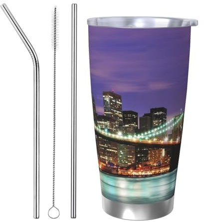 WSHFFILO New York Night bedruckter Edelstahlbecher, Autobecher, tragbar, Thermobecher, 590 ml